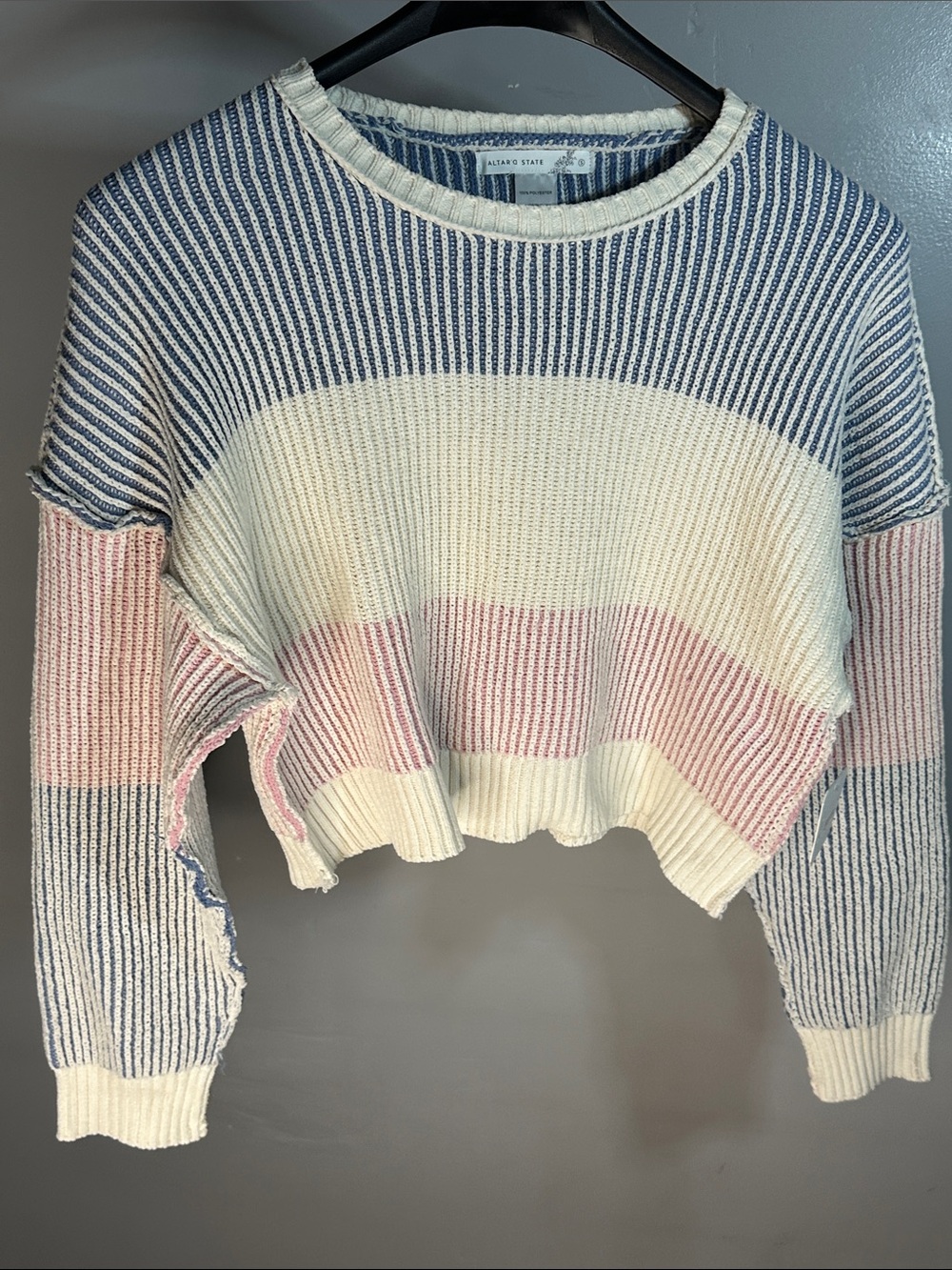 Altar'd State Cropped Stripe Crew Sweater - Navy, Ivory & Blush
